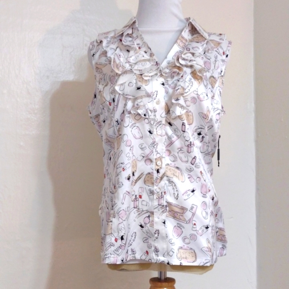 Tahari Cosmetic Print Silky Button Front Sleeveless Ruffle Blouse Size M NWT